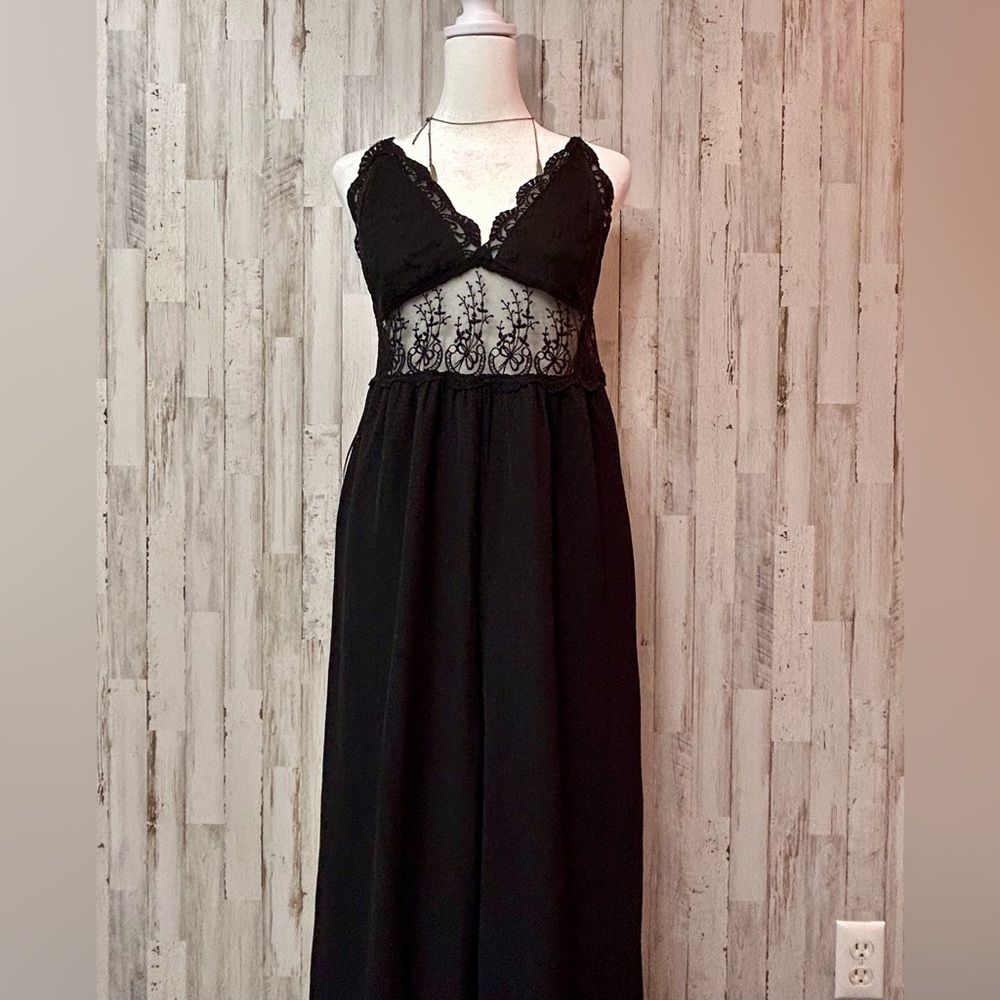 Black Wide-Leg Jumpsuit L | Lace Bra Top, Open Tie Back, Adjustable Straps